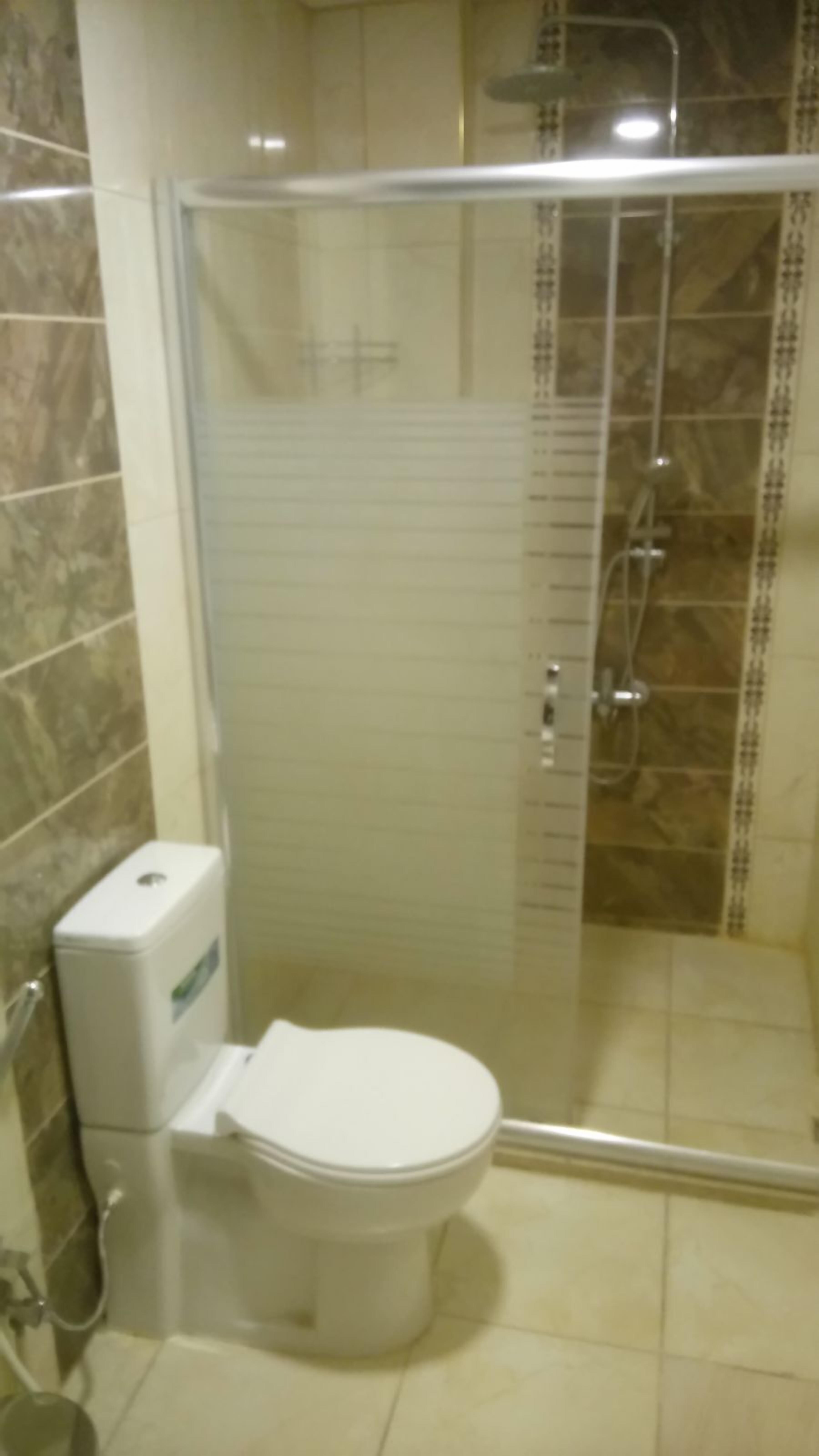 Un bagno con il water, cabina doccia e parete rivestita in marmo.