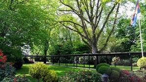 A garden with a large tree, a pergola, and a flag. - Hotel Blauer Fasan (Wiesmoor)
