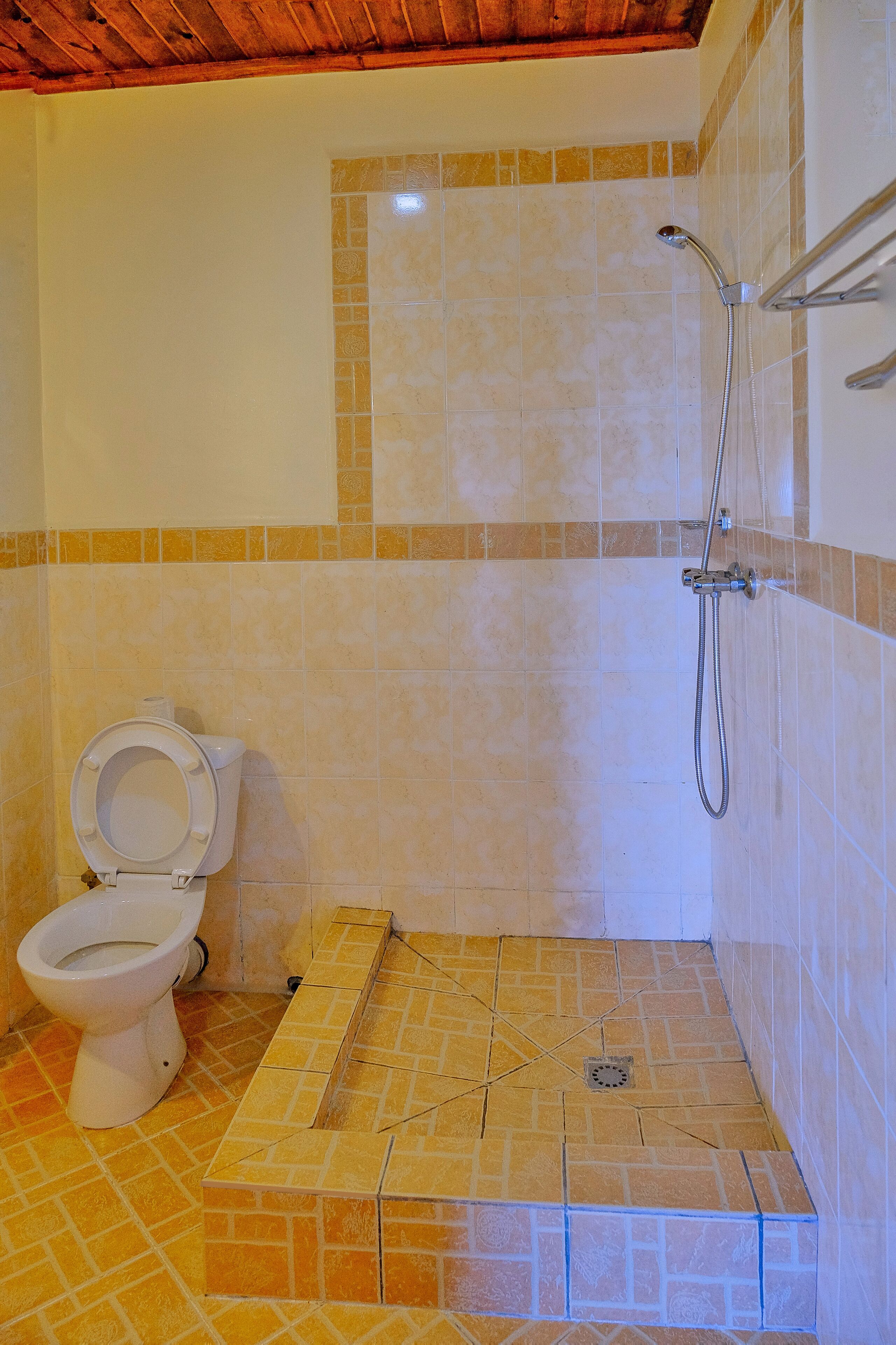 Une salle de bain avec des toilettes, une douche et un sol carrelé.