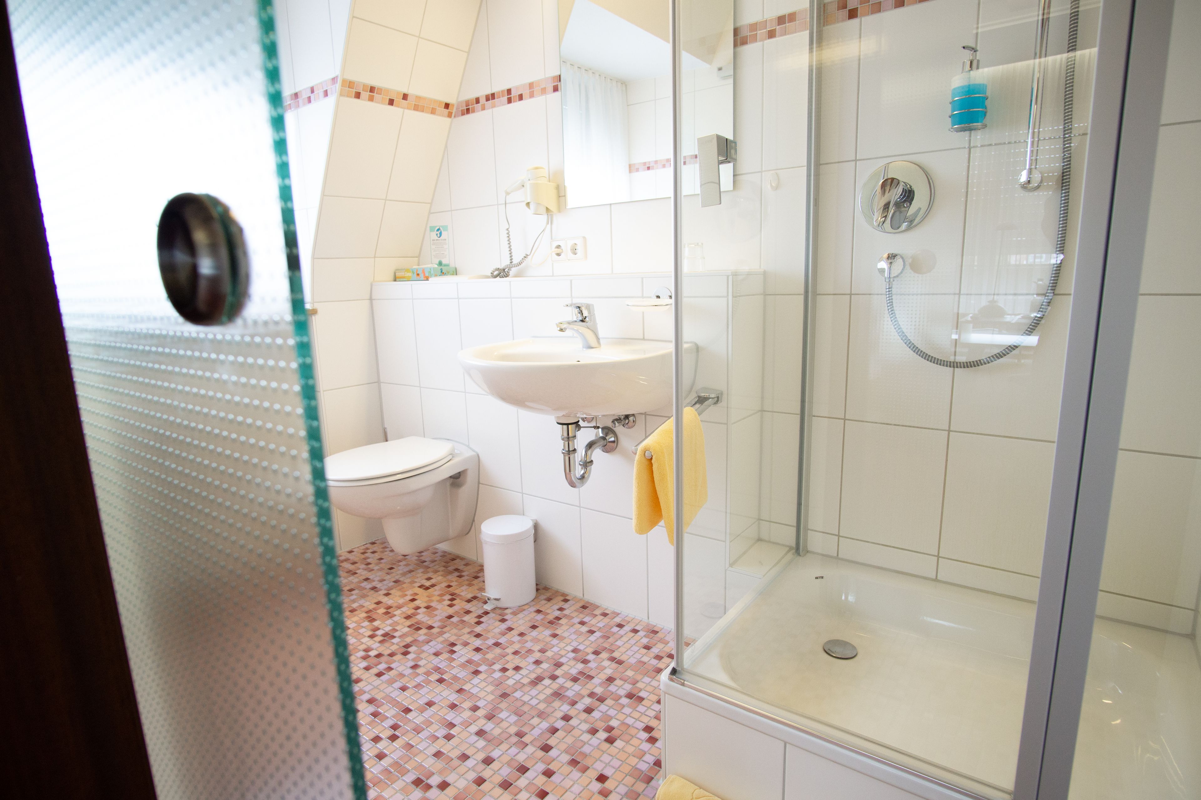 shower, free toiletries, hair dryer, towels