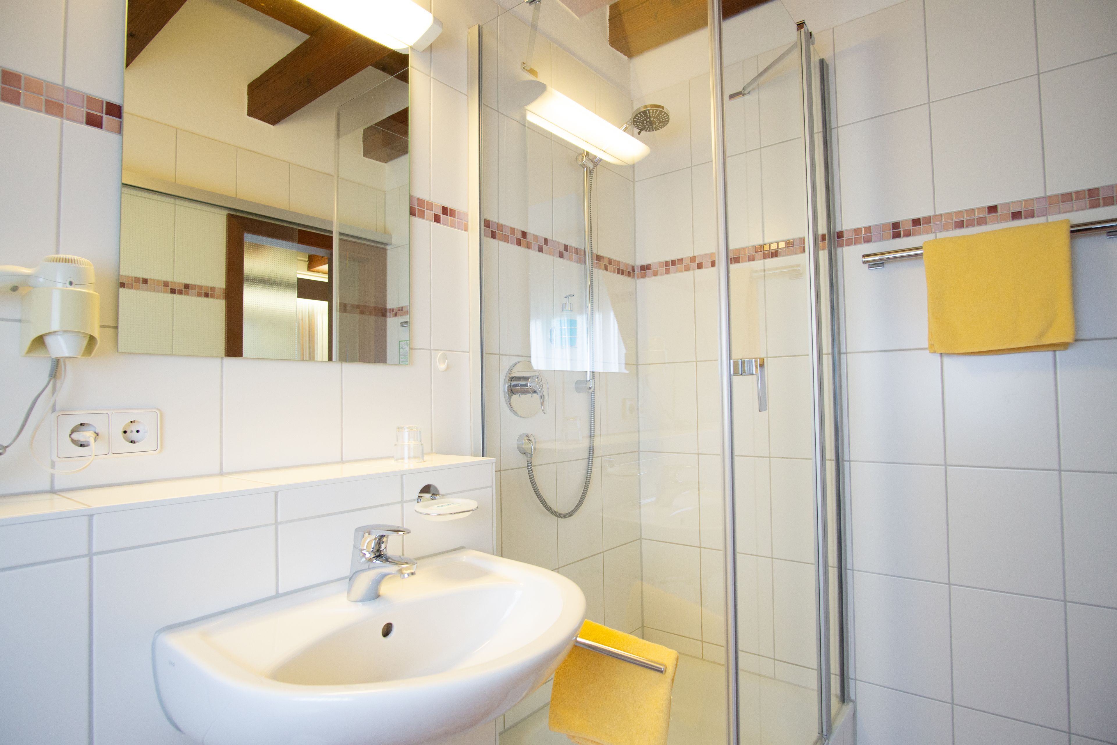 shower, free toiletries, hair dryer, towels