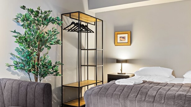 Quarto de hotel com cama, mesa de cabeceira, luminária, cabideiro na parede e planta em vaso.