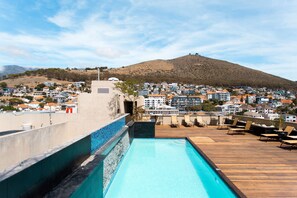 Outdoor pool, pool umbrellas, pool loungers