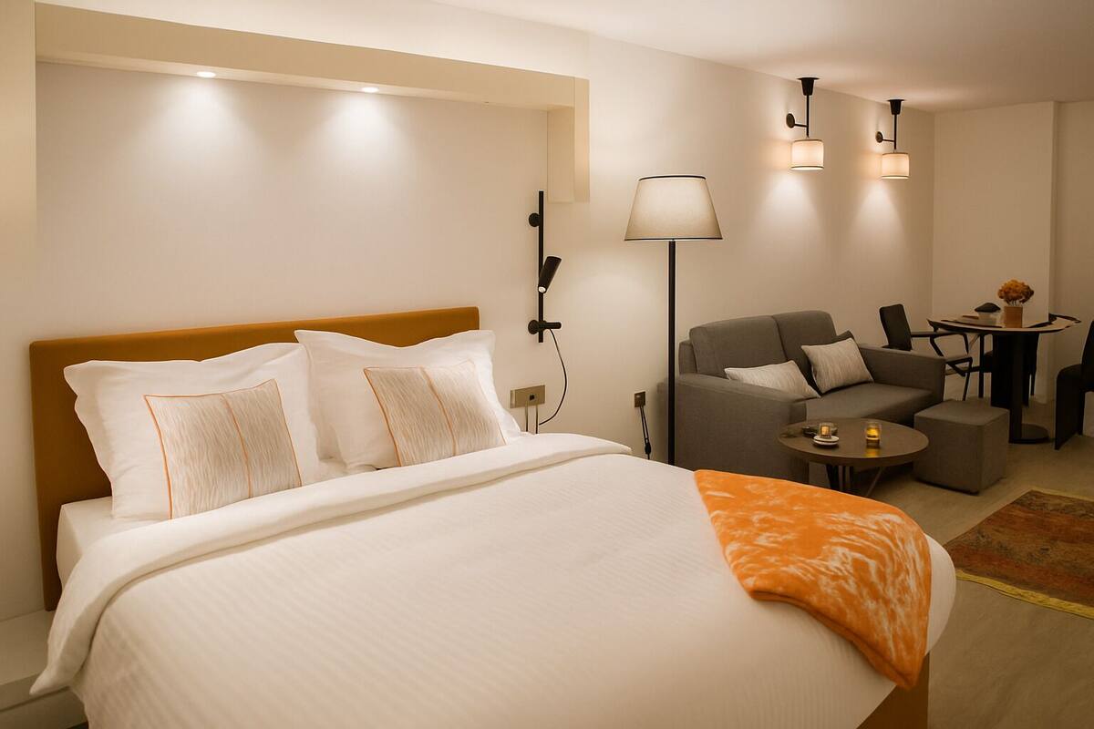 Una habitación de hotel con una cama grande, un sofá, una mesita y una lámpara.