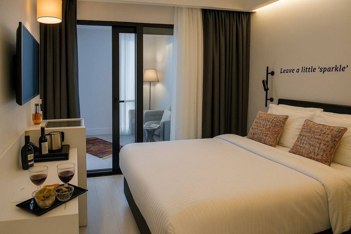 Habitación de hotel con cama, escritorio con bandeja de copas y botellas de vino, televisor y cartel en la pared que dice 'Leave a little sparkle'.