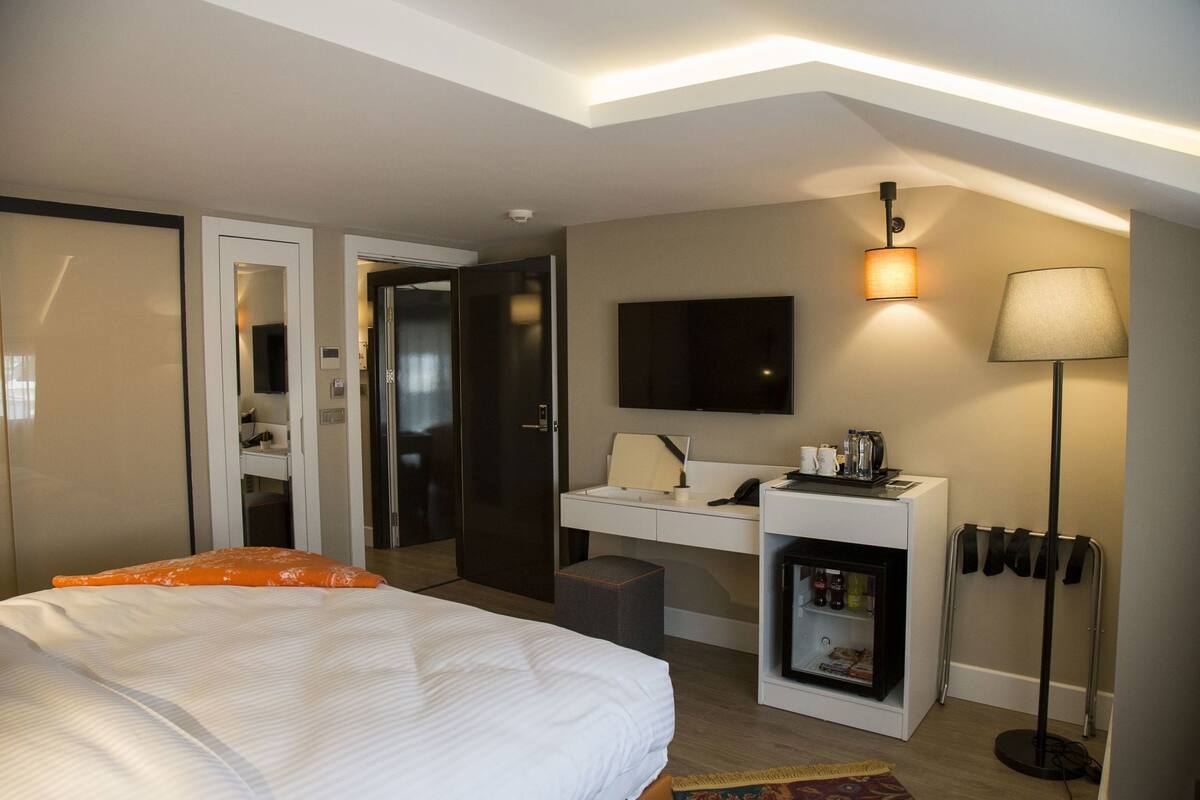 Una habitación de hotel con una cama, un escritorio, un televisor, una lámpara y un minibar.
