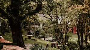 A lush garden with wooden benches and tables, surrounded by dense foliage and trees. - Hotel Fioreze Chalés (Gramado)