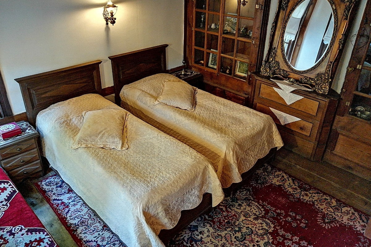 A room with two beds, a wooden dresser, a mirror, and a patterned rug.