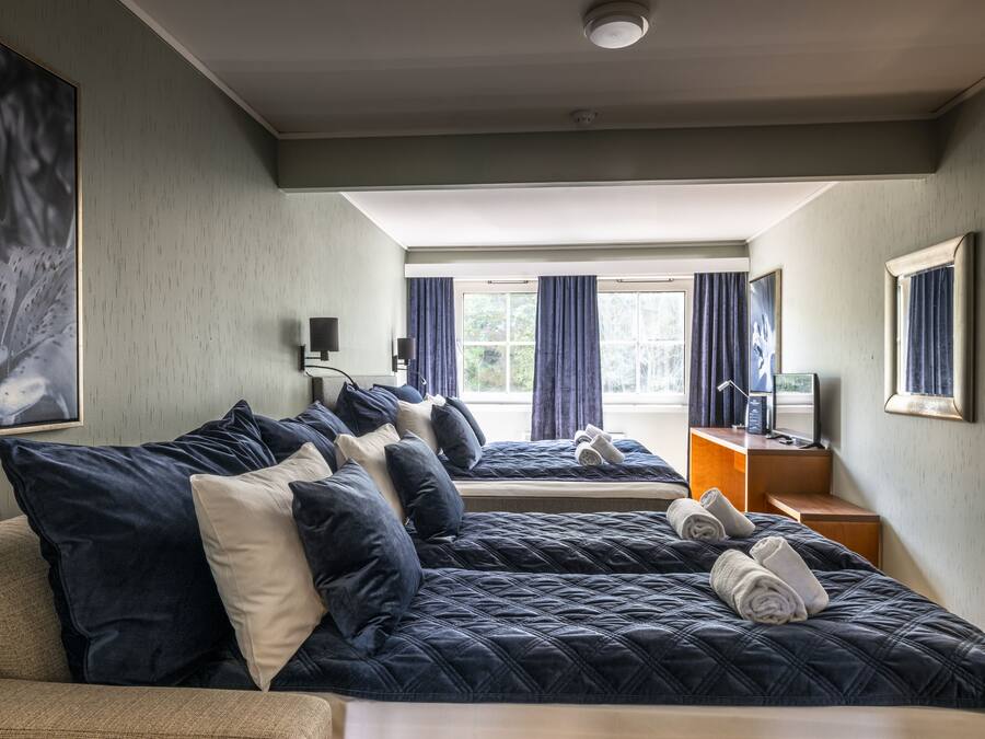 Habitación de hotel con una cama grande, una cama más pequeña, un sofá, un escritorio y una ventana con cortinas.