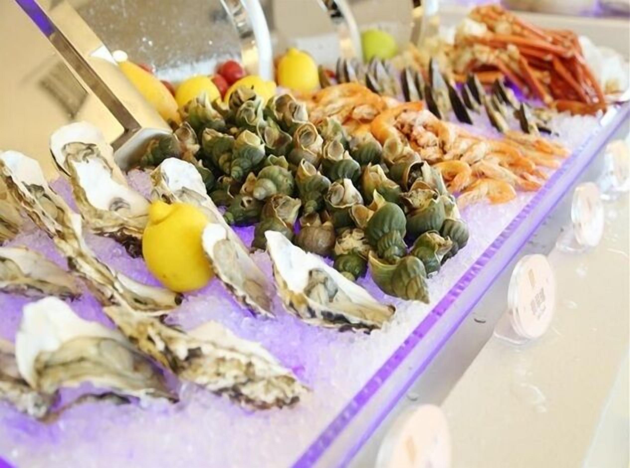 A seafood display with oysters, clams, and shrimp on ice.