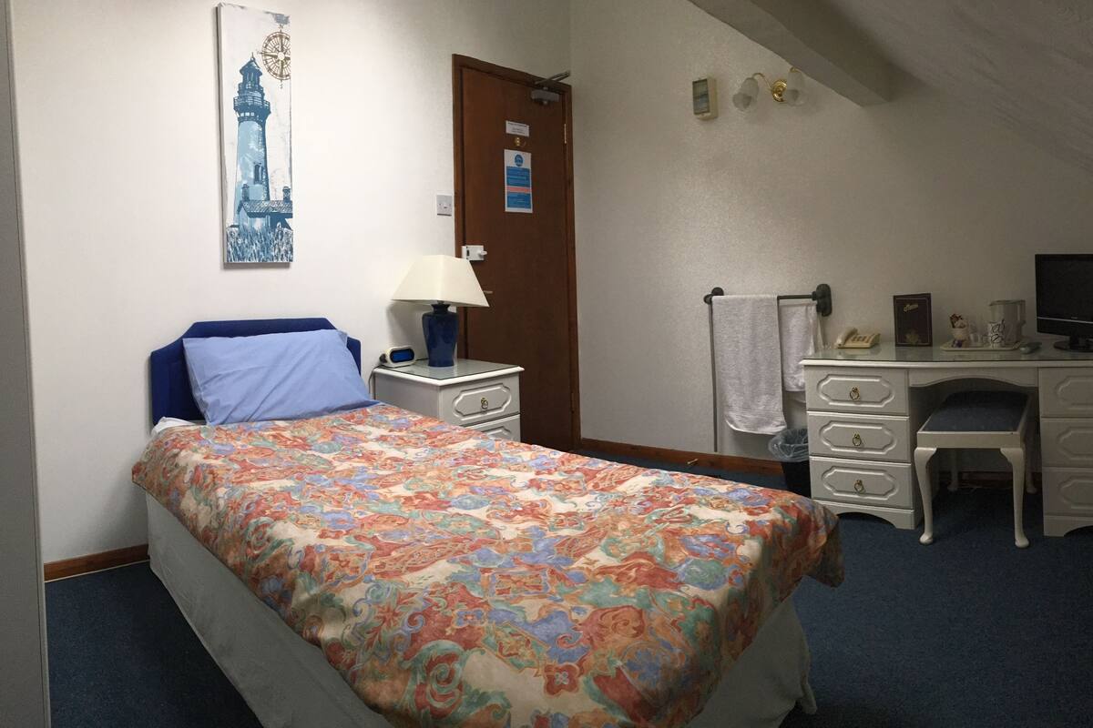 A bedroom with a bed, a desk, a chair, a lamp, a television, and a painting on the wall.