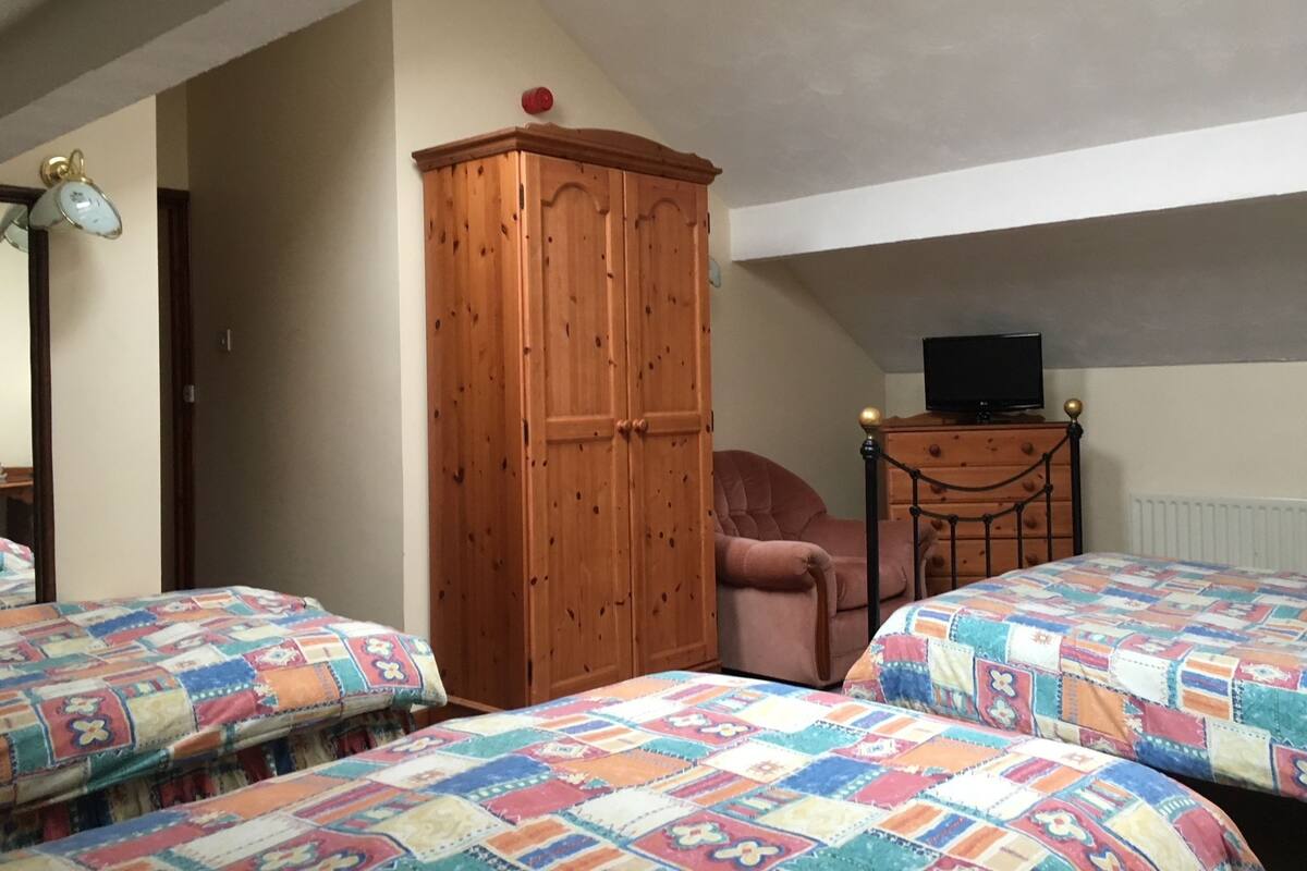 A bedroom with two beds, a wooden wardrobe, a chair, a small table with a television, and a radiator.