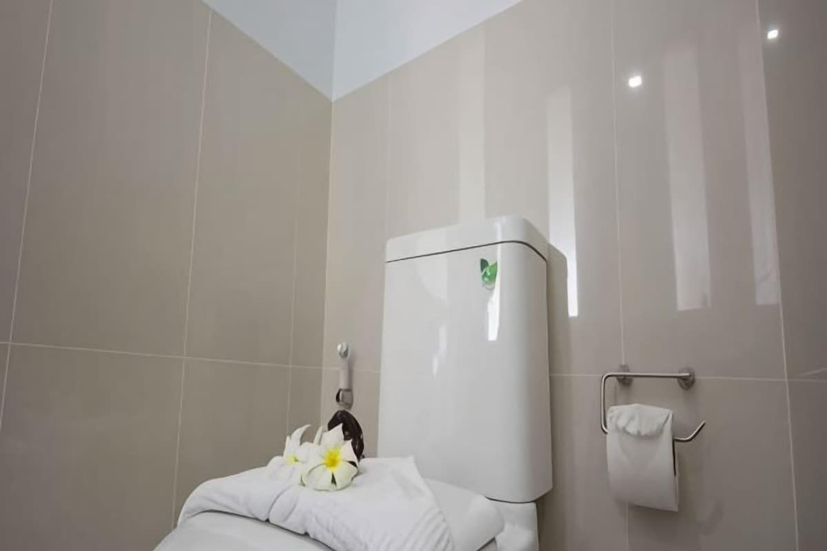 Un baño con inodoro, toallero y dispensador de papel higiénico.