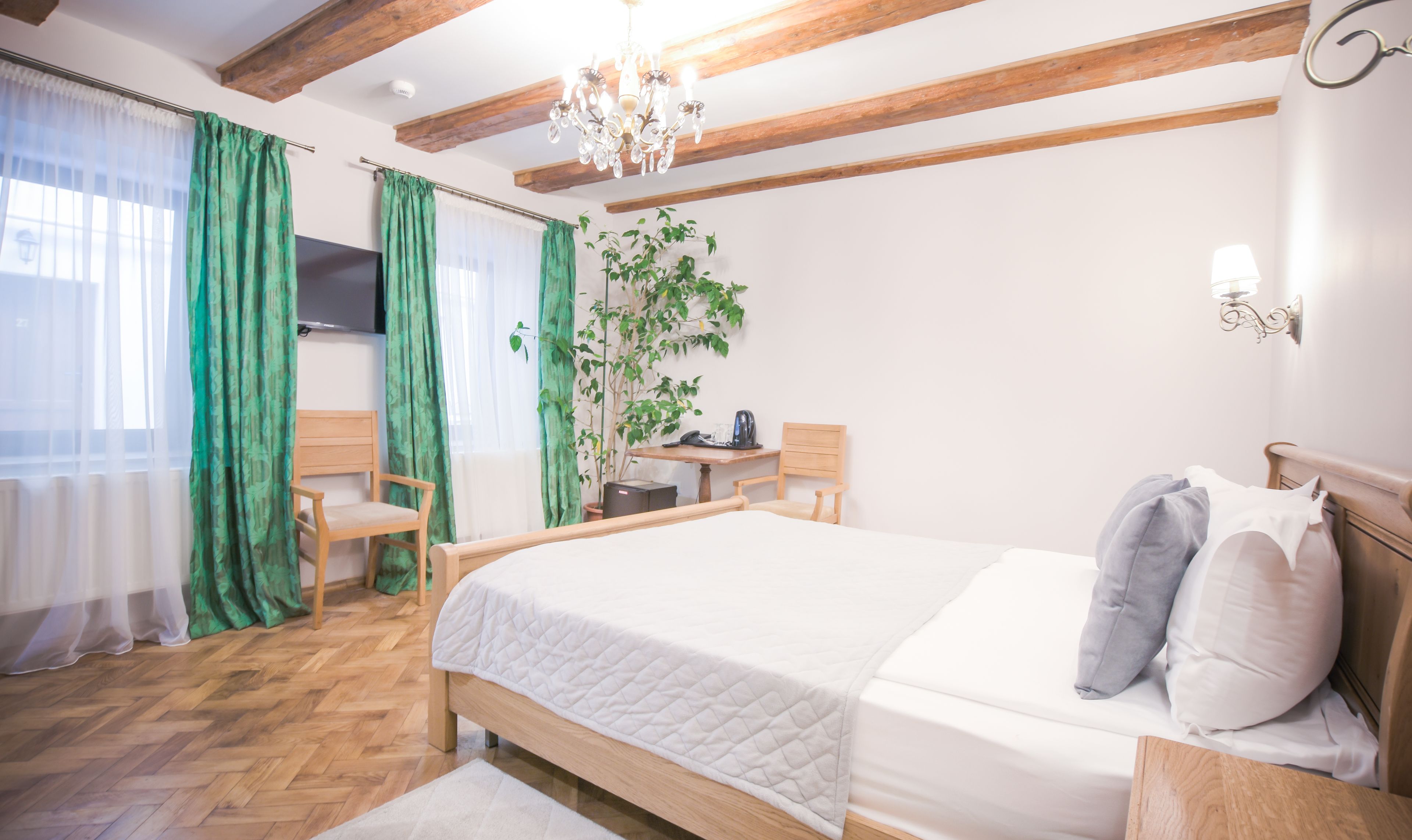A bedroom with a wooden bed, a desk, a chair, a television, and a plant.
