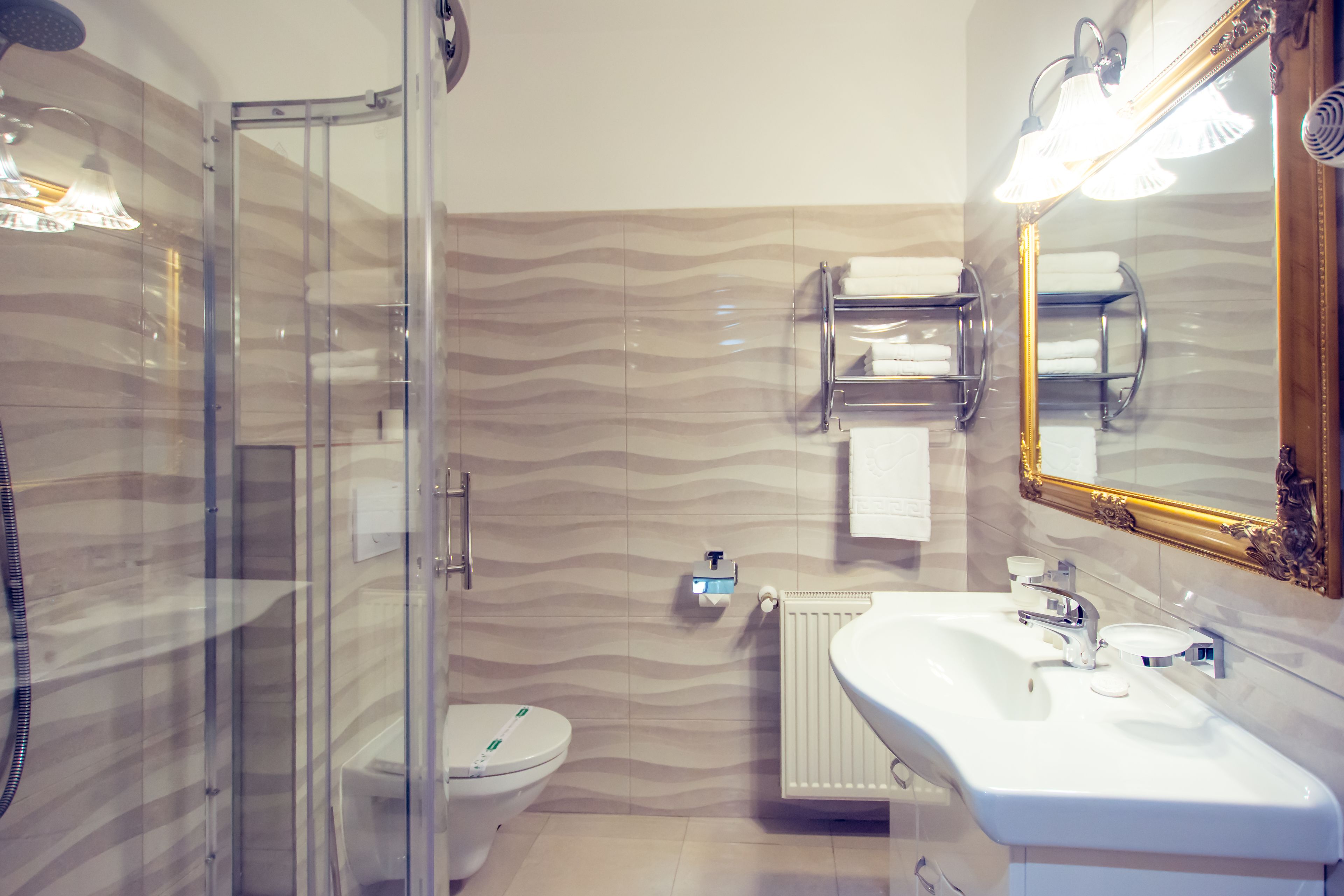Un baño moderno con ducha envuelta en vidrio, un lavabo blanco, un inodoro y un espejo grande con marco dorado.