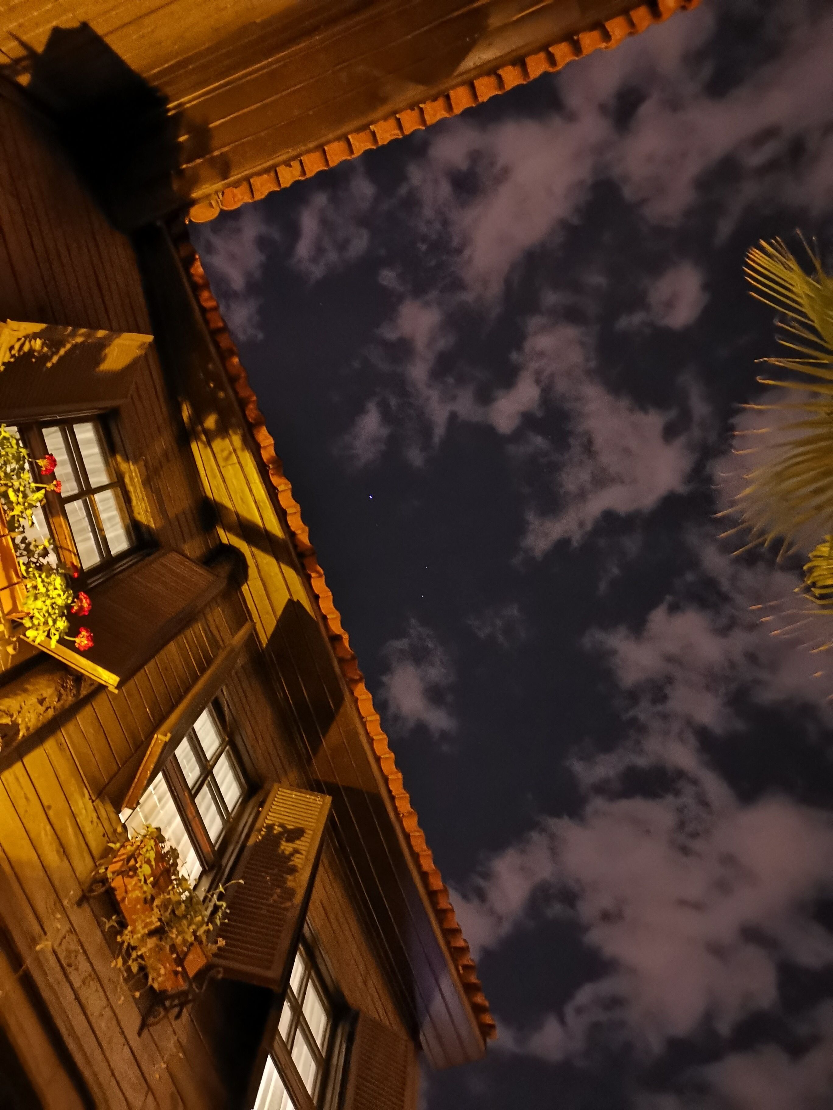 A corner of a building with a tiled roof, multiple windows, and balconies with potted plants.