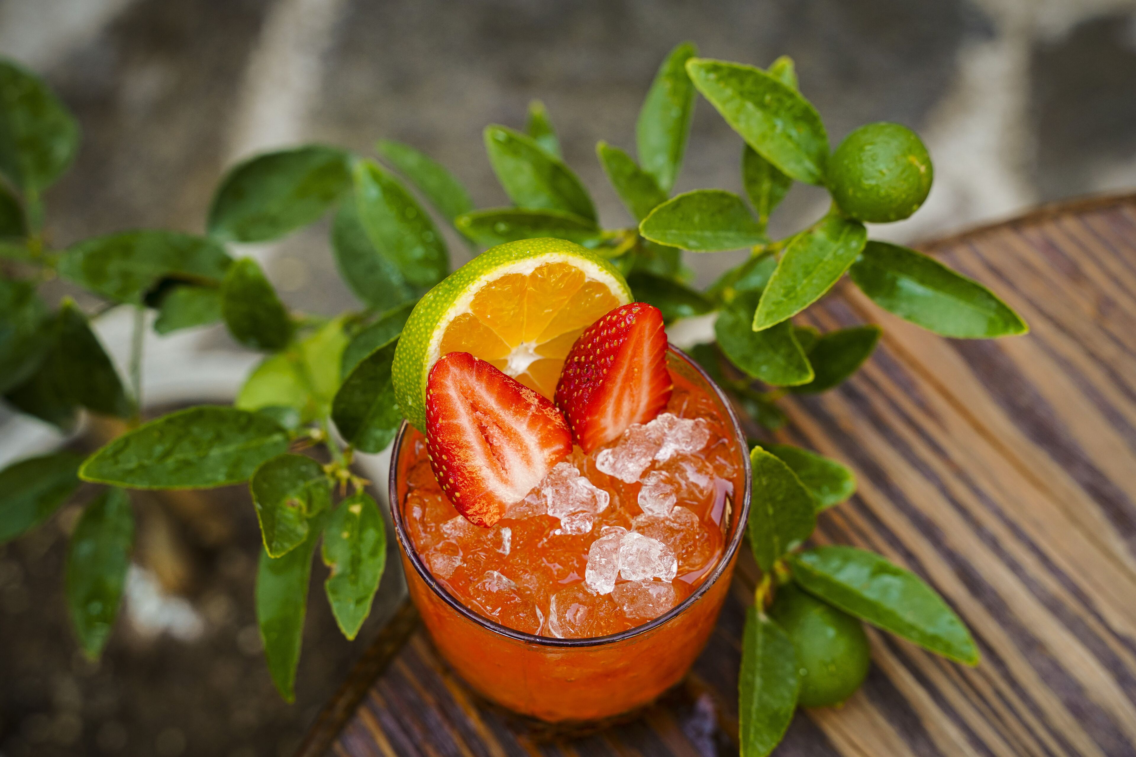Un verre de boisson glacée aux fraises, garni d’une tranche de citron vert, entouré de feuilles vertes.