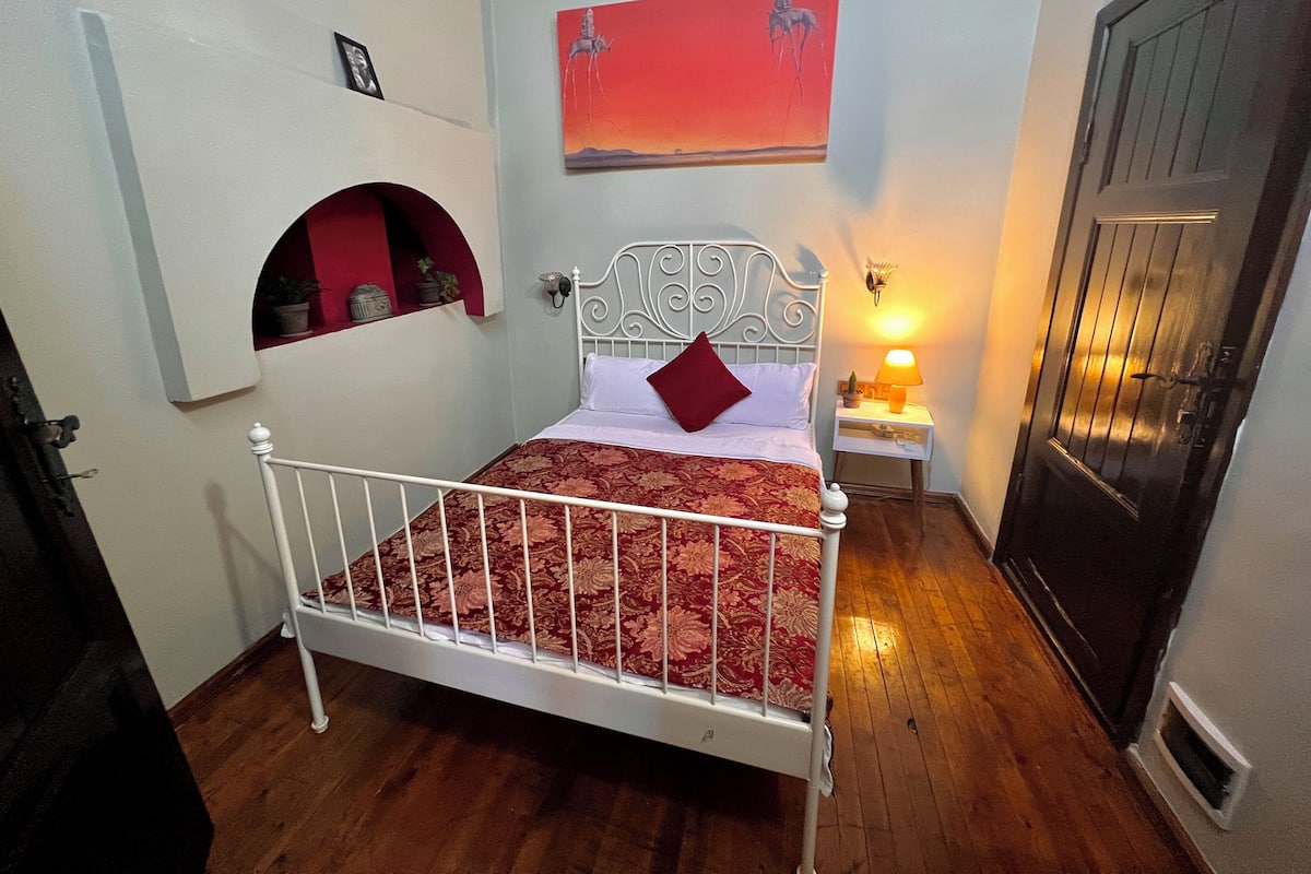 Un dormitorio con estructura de cama metálica blanca, colcha roja con estampado floral, almohada roja, estante montado en la pared con una planta en maceta, cuadro de un caballo en la pared y una mesita de noche iluminada.