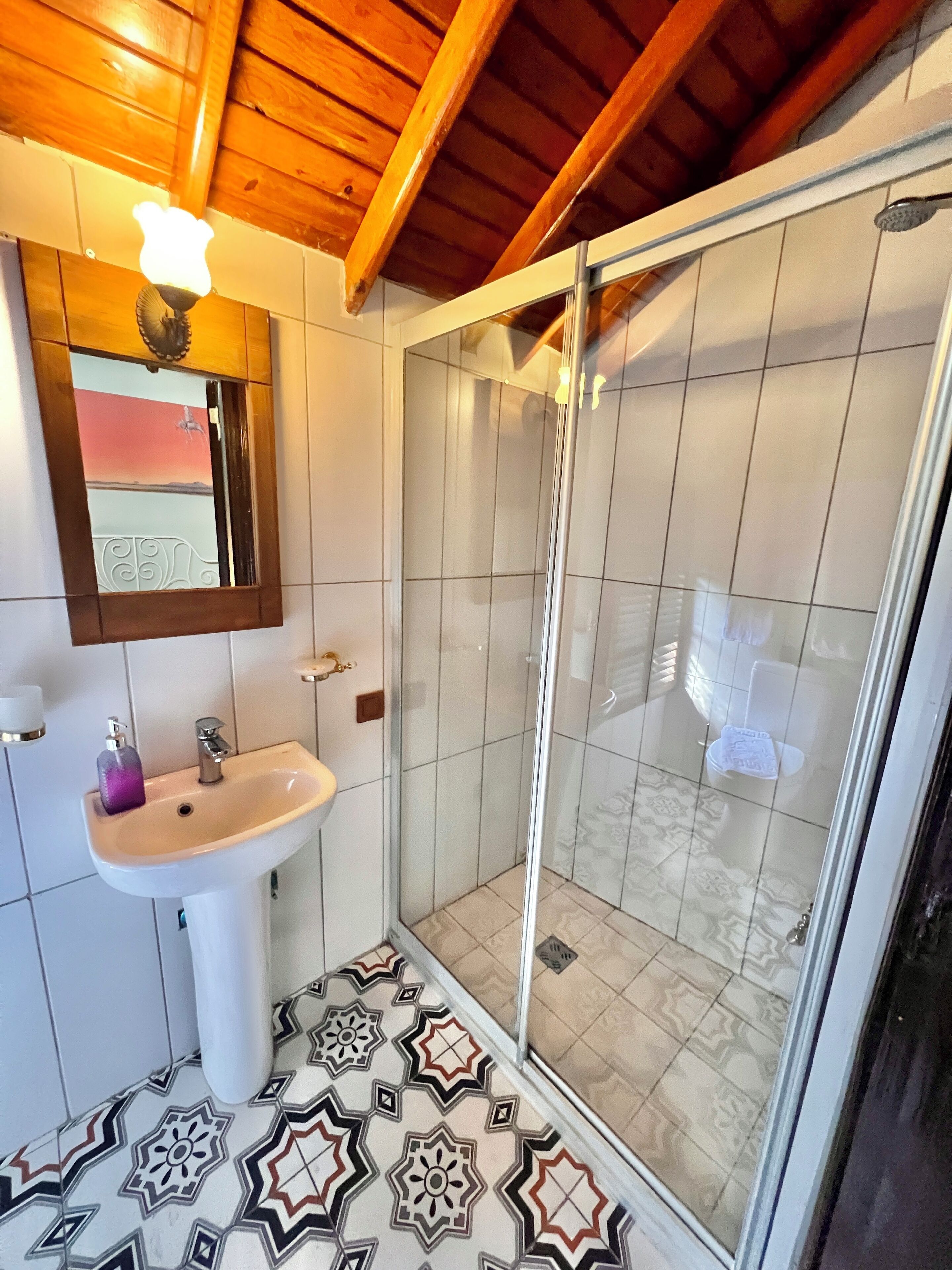 A bathroom with a white sink, a mirror, and a shower with a glass door.