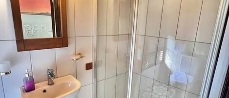 A bathroom with a white sink, a mirror, and a shower with a glass door.