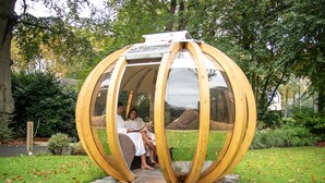 A spherical wooden structure with a glass dome, containing two people seated inside. - B&B Hof Ter Beuke (Bruges)