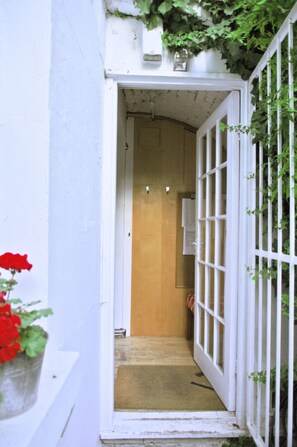 Een witte deur met een houten binnenkant, een klein trappetje ernaartoe, en een bloempot met rode bloemen aan de linkerkant.