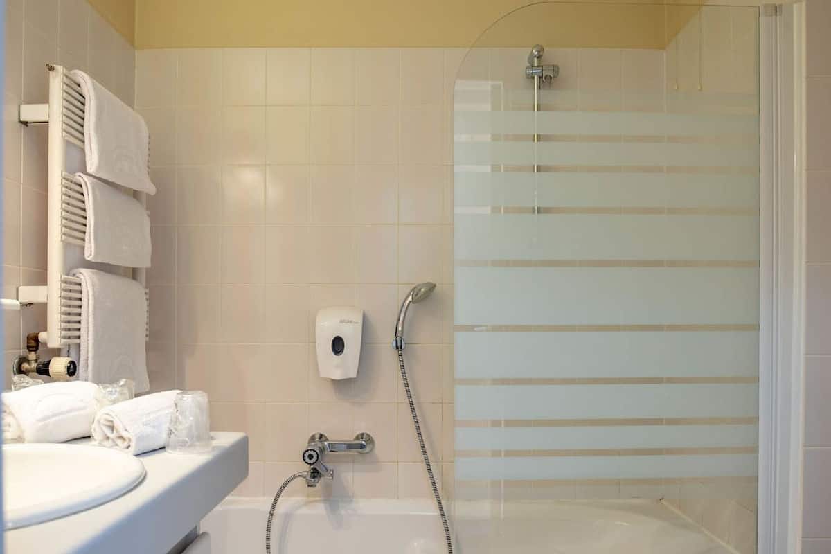 deep-soaking bathtub, free toiletries, hair dryer, towels