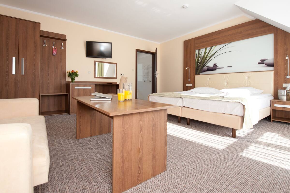 A hotel room with a bed, a desk, a TV, and a large window.