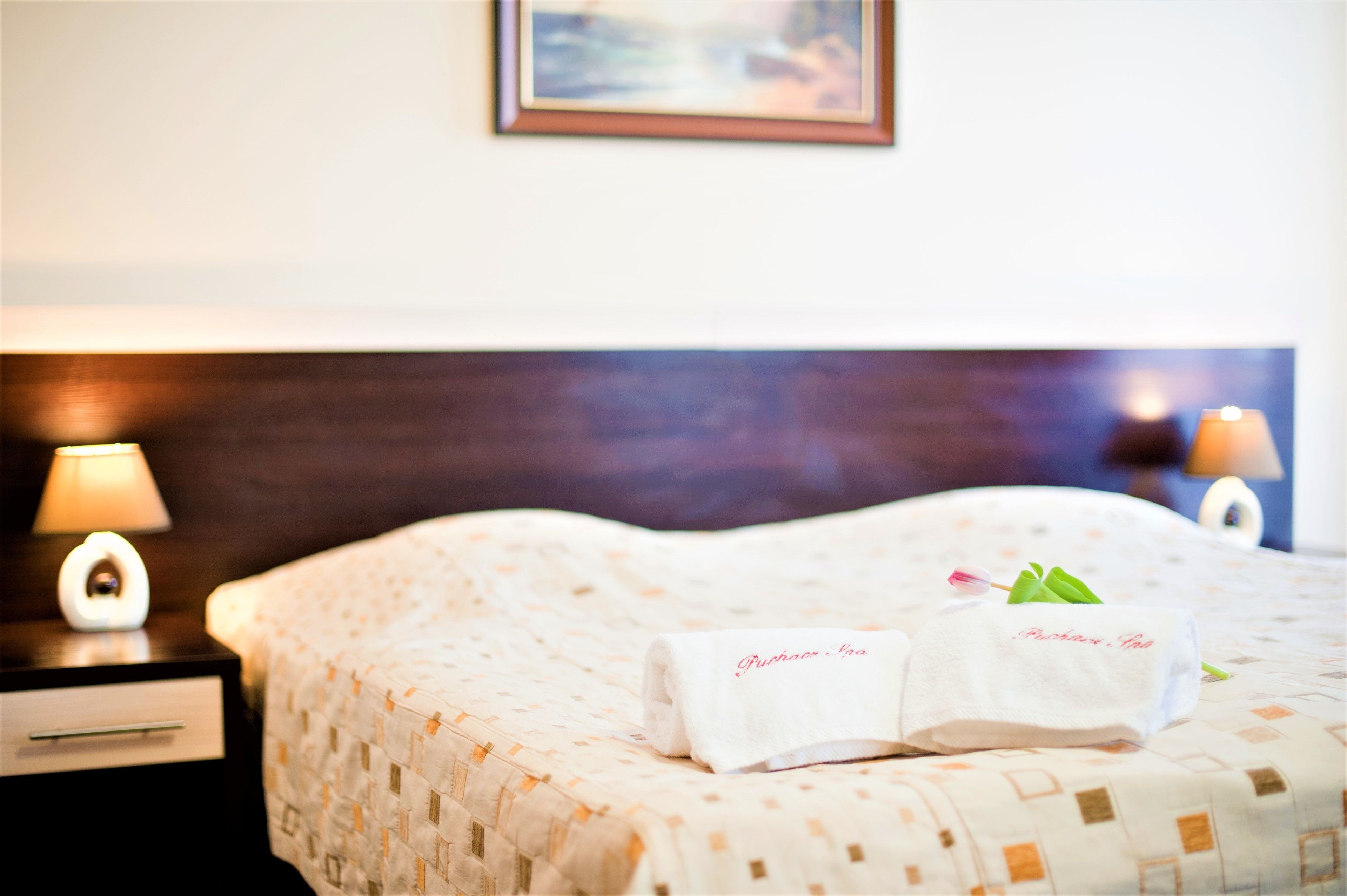Una cama bien tendida con una colcha estampada, una almohada con una toalla y dos lámparas de noche sobre una mesita.