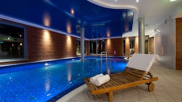 Indoor pool, open 8:00 AM to 9:00 PM, sun loungers