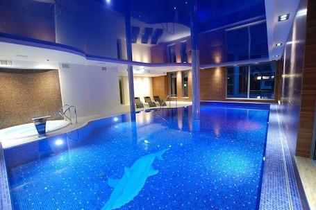 Indoor pool, open 8:00 AM to 9:00 PM, sun loungers