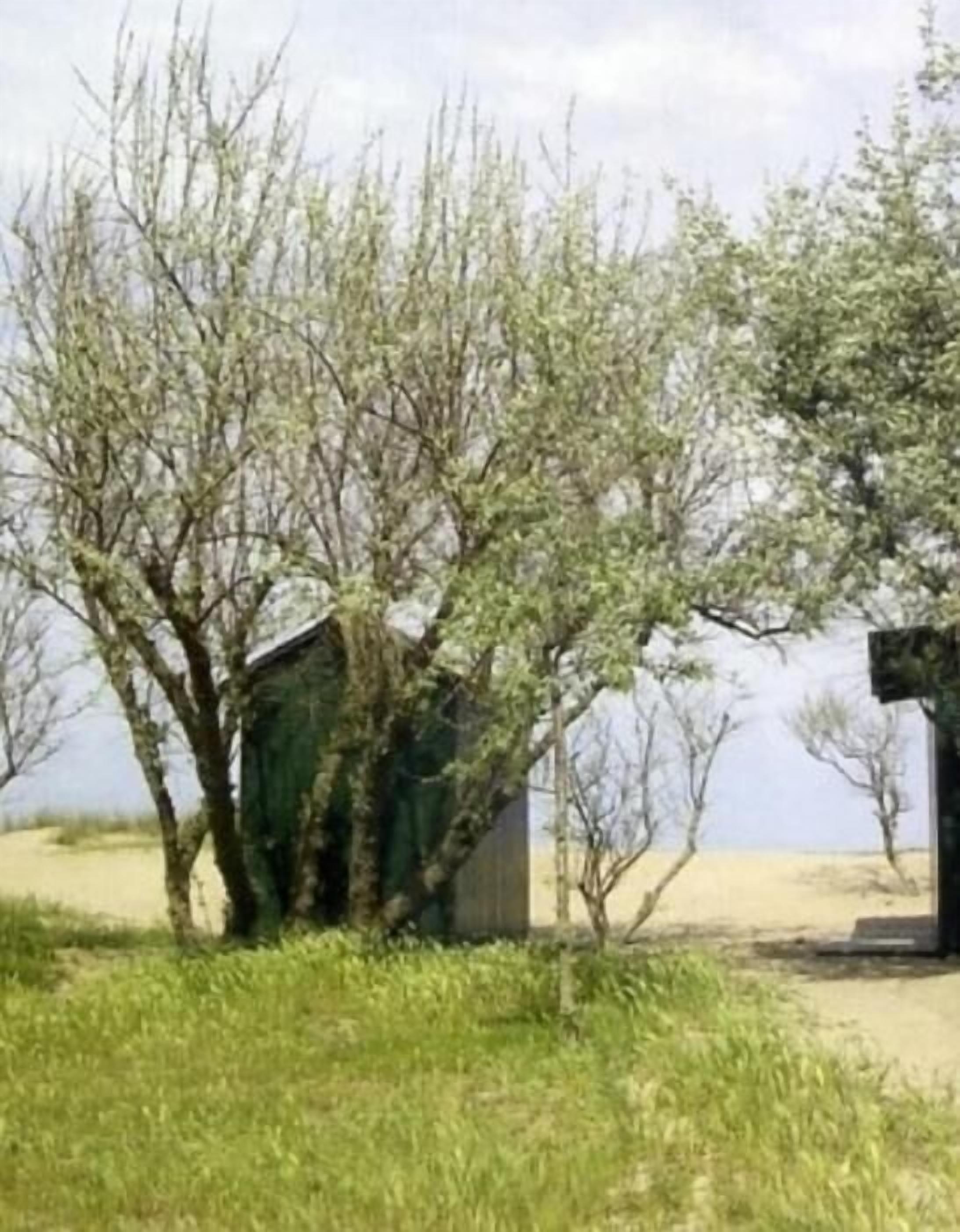 Ein kleines, rustikales Gebäude mit grüner Dachdeckung, umgeben von spärlicher Vegetation und einer sandigen Landschaft.