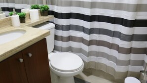 A bathroom with a striped shower curtain, a toilet, a sink with a mirror, and a small shelf with plants and toilet paper. - Chile4Rent Eleuterio Ramirez (Santiago)