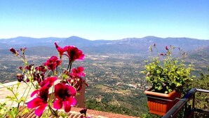 A balcony with potted plants and a view of a valley and mountains. - Bed & Breakfast Selvaggio Blu (Baunei)