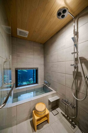 Private Vacation Home | Bathroom | Separate bathtub and shower, deep-soaking bathtub, rainfall showerhead - Kakuchi Asagian (Kyoto)