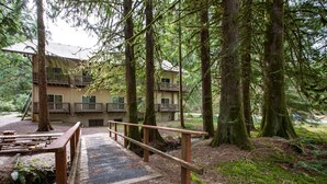 A wooden bridge leading to a building surrounded by tall trees. - Snowline Lodge Condo #9 (Deming)