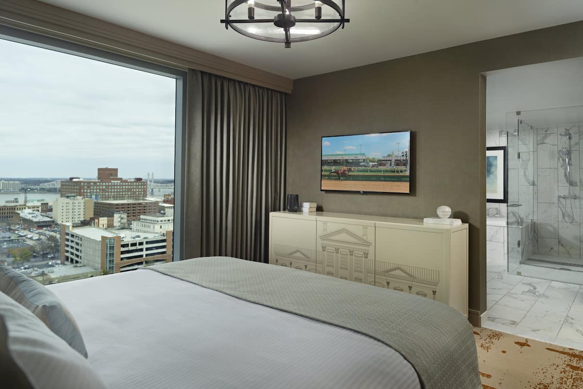 A hotel room with a large bed, a city view, a mounted TV, and a shower with marble tiles.