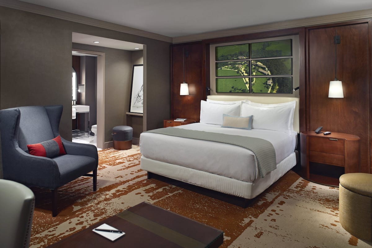 A hotel room with a large bed, a desk, a chair, and a view of a green landscape through a window.