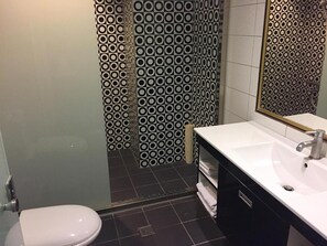 Suihku, ilmaiset hygieniatuotteet, hiustenkuivaaja, tohvelit