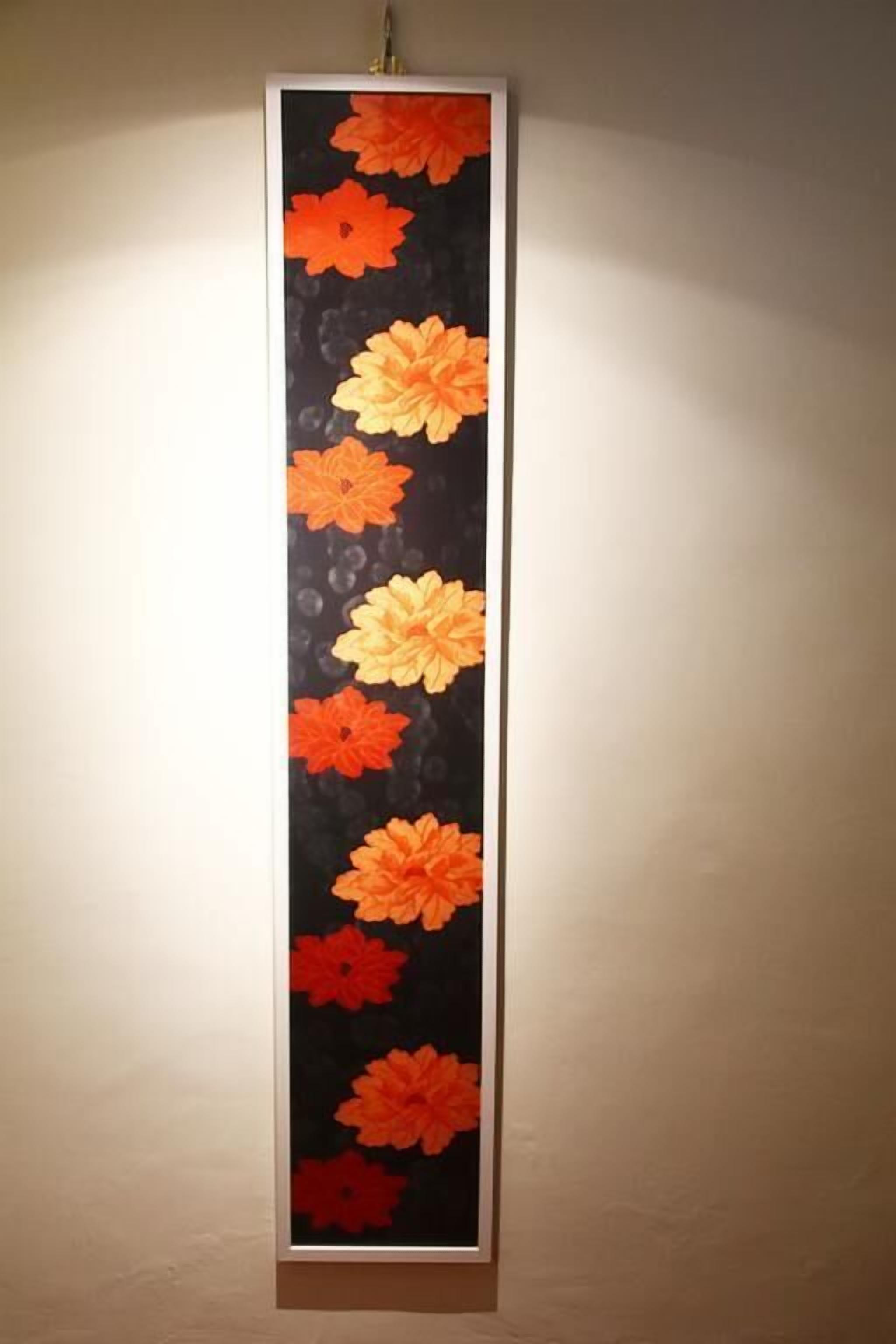 A vertical artwork with orange and yellow flowers on a black background.