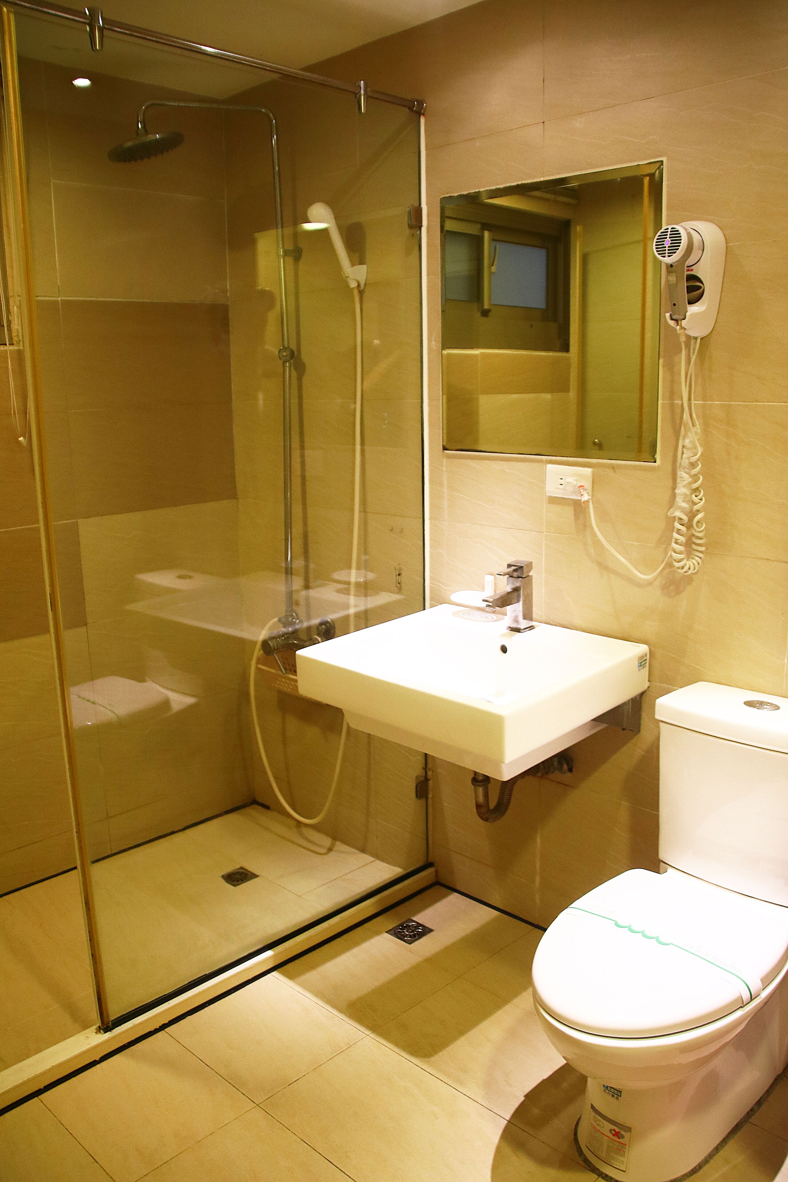 A modern bathroom with a glass-enclosed shower, a white sink, and a toilet.