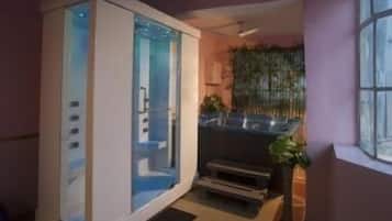 Shower, free toiletries, hair dryer, towels