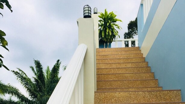 A staircase with a textured carpet, white railings, and a potted plant at the top. - Baan  Kalaya Garden (Thep Krasattri)