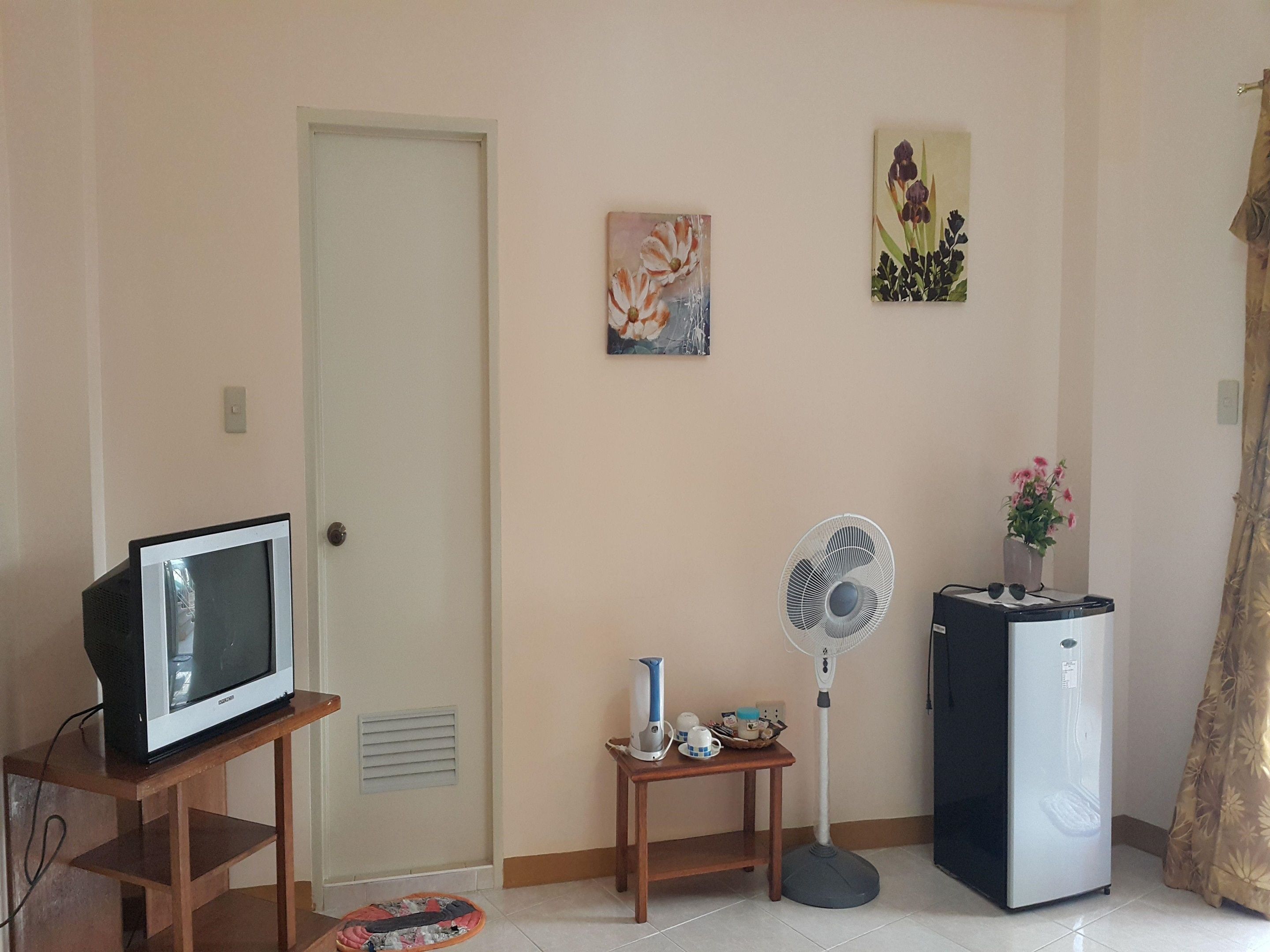 Una sala de estar con un televisor sobre un soporte de madera, un ventilador de pie, un refrigerador, una mesita con un jarrón de flores y dos cuadros colgados en la pared.