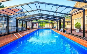 Indoor pool, outdoor pool, open 10 AM to 7 PM, free pool cabanas