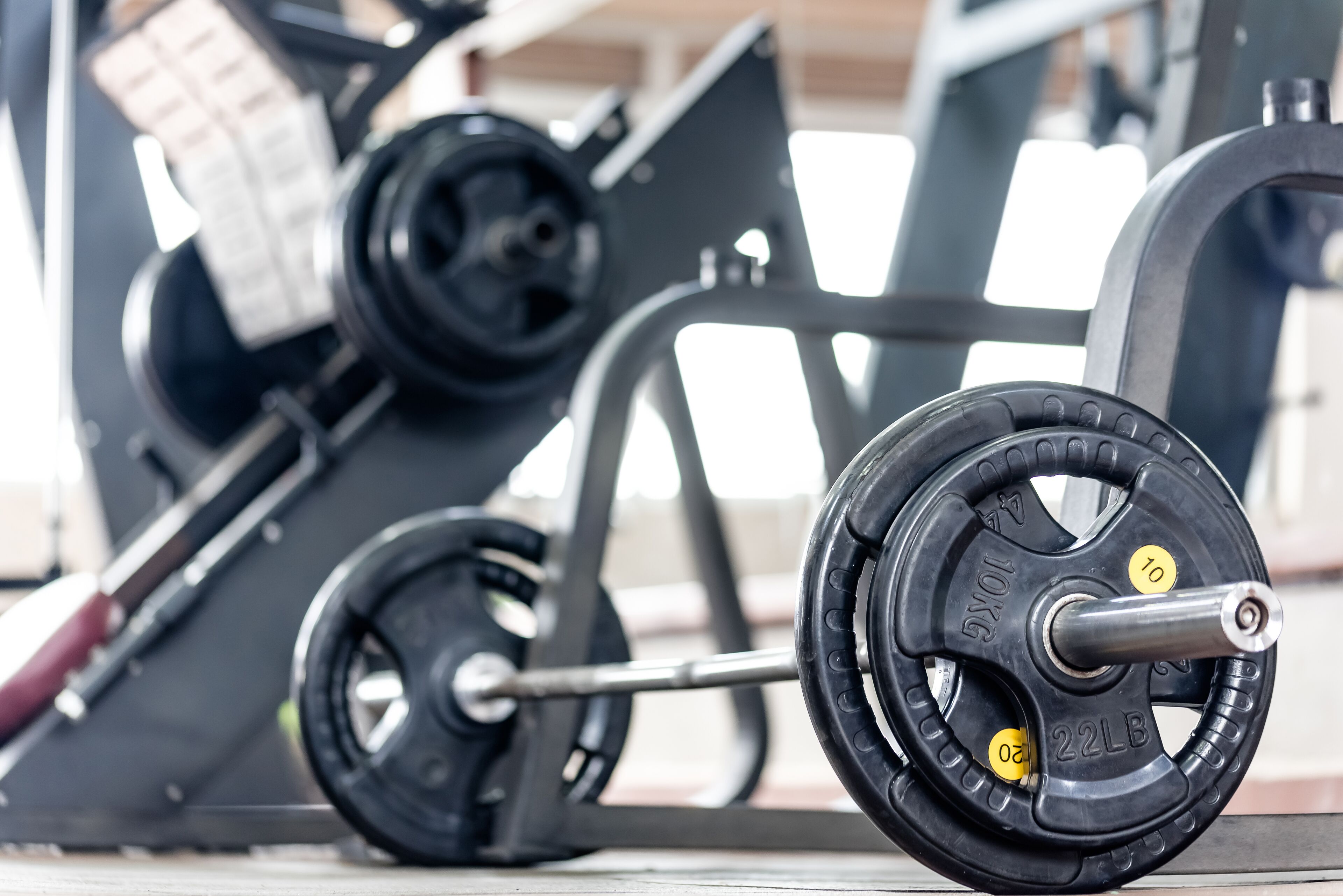 A weightlifting bench with a barbell and weight plates.