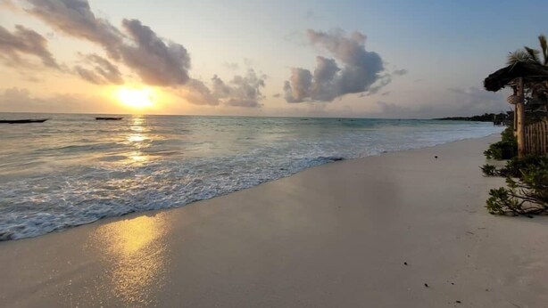 A beach with a clear sky and the sun setting over the ocean. - Coco Beach Hotel (Jambiani)