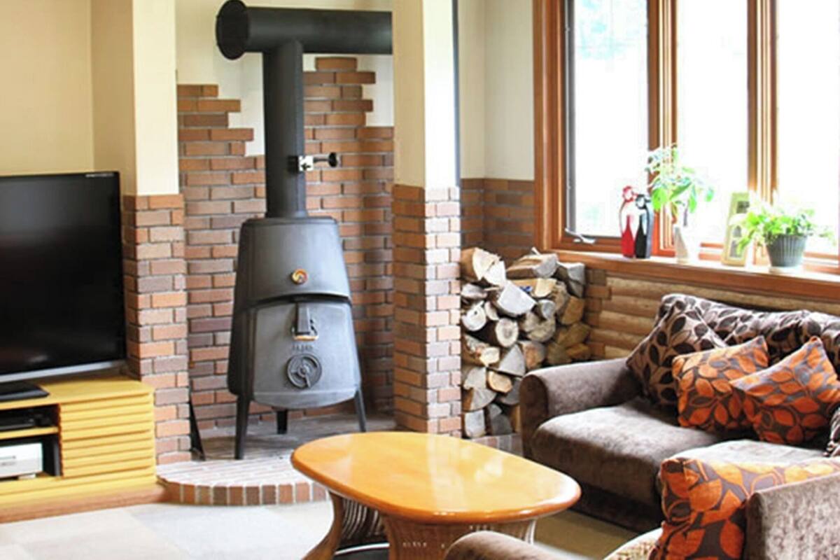 Una sala de estar con chimenea de ladrillo, televisor, sofá y ventana con plantas.