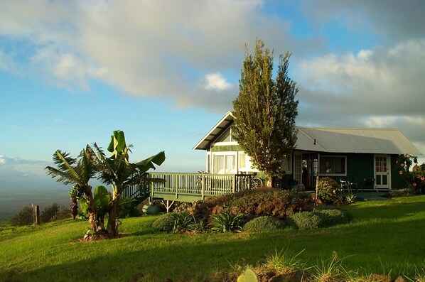 A green house with a balcony, surrounded by lush greenery and a clear sky. - Heaven on Earth in Upcountry Maui (Kula)