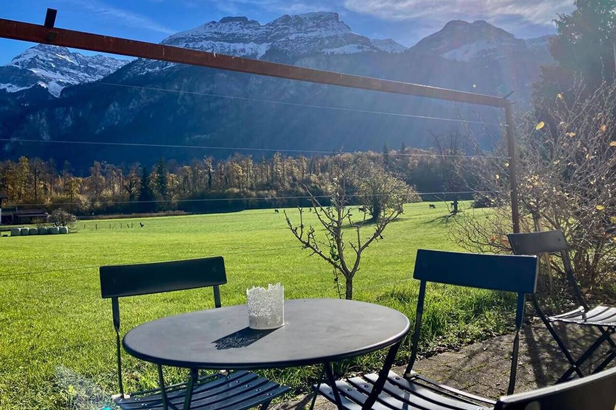 An outdoor seating area with a table and chairs, overlooking a green field and mountains.